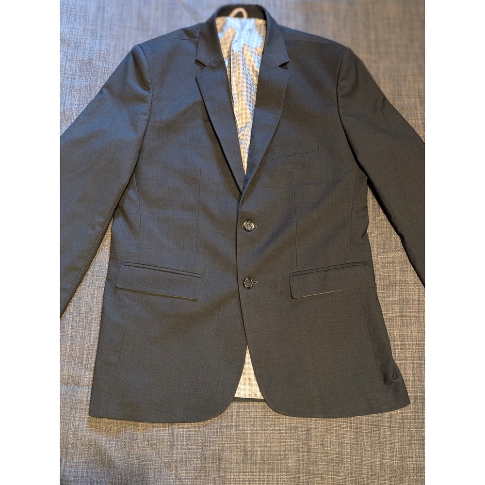 Thang Loi Mens Charcoal Gray Blazer Elephant Print Lining Pocket Square Jacket